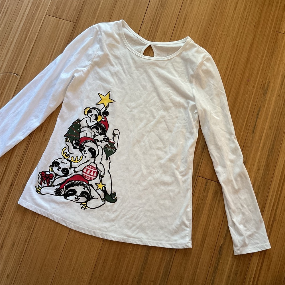 Justice, long sleeve shirt, sloth, Christmas size 14/16 glitter accents